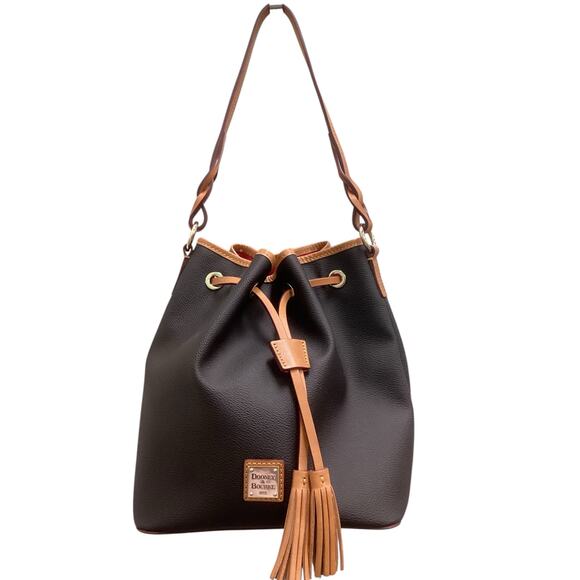 NWT Dooney and Bourke Women’s Tasha Drawstring Bag Leather Tassels Black and Tan